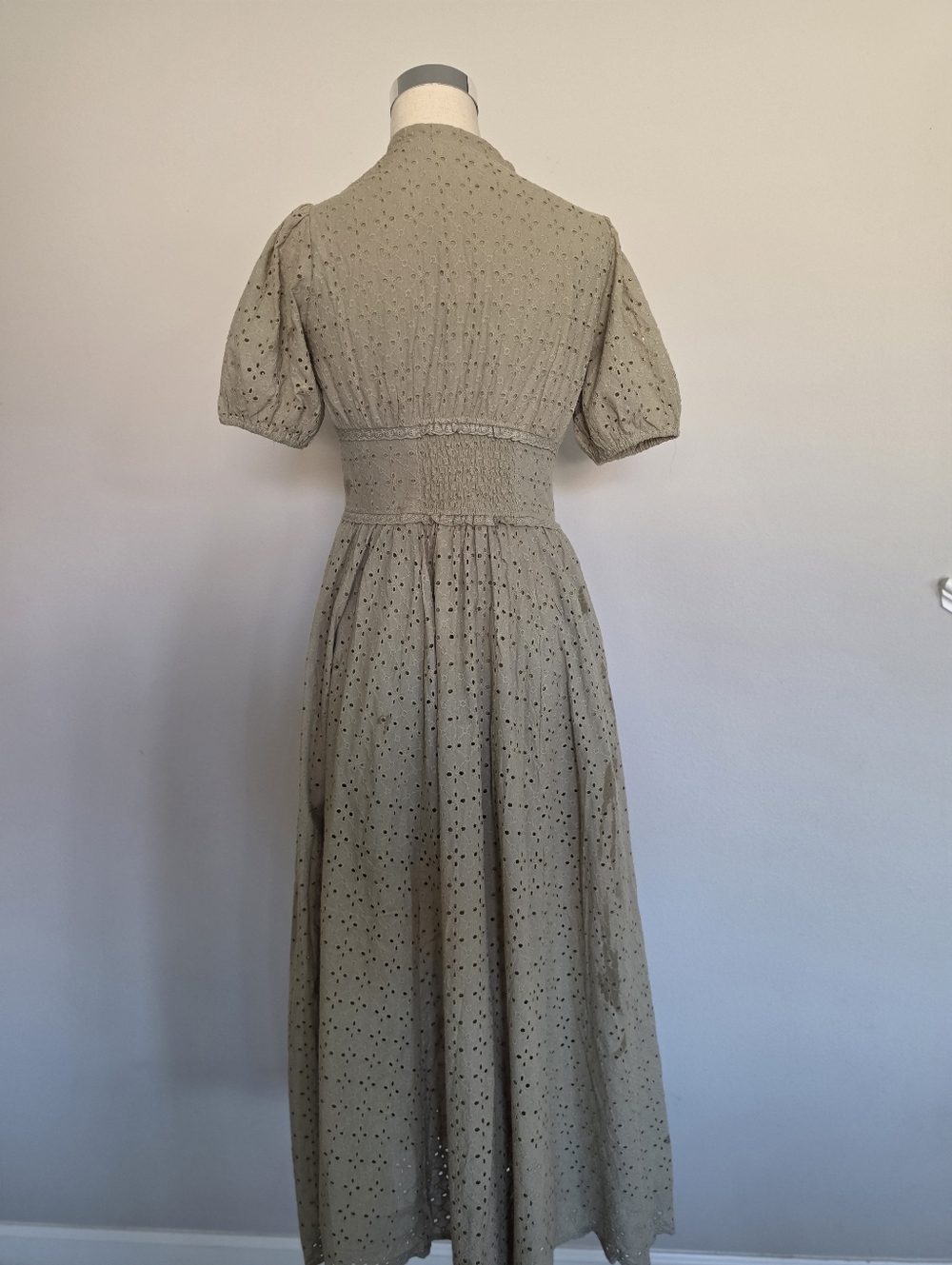 Cotton Eyelet Button Down Dress Olive Green - Picture 12 of 17